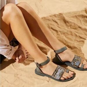 Free People Sun Peaks Embellished Sandals in Black Leather, Size 8/38 7/37. New